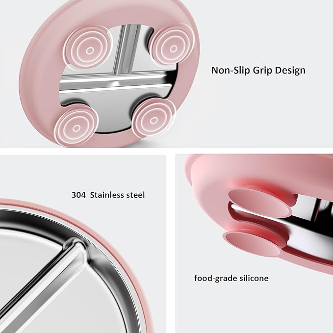 Stainless Steel Baby Plate with Suction, 9” Divided Toddler Plates with Removable Silicone Sleeves for Kids, Non-Toxic Non-Slip Unbreakable Dishwasher Safe Dinnerware Set of 2, Pink & Beige