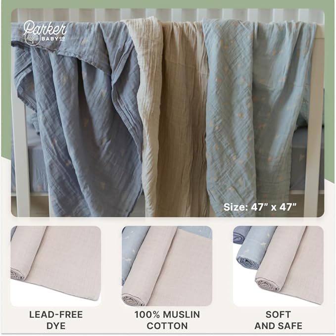 Parker Baby Co. Swaddle Blankets - Pack of 3 of 100% Cotton Muslin Swaddle Blankets for Baby Boys and Girls - Unisex/Gender Neutral - Cloud Set