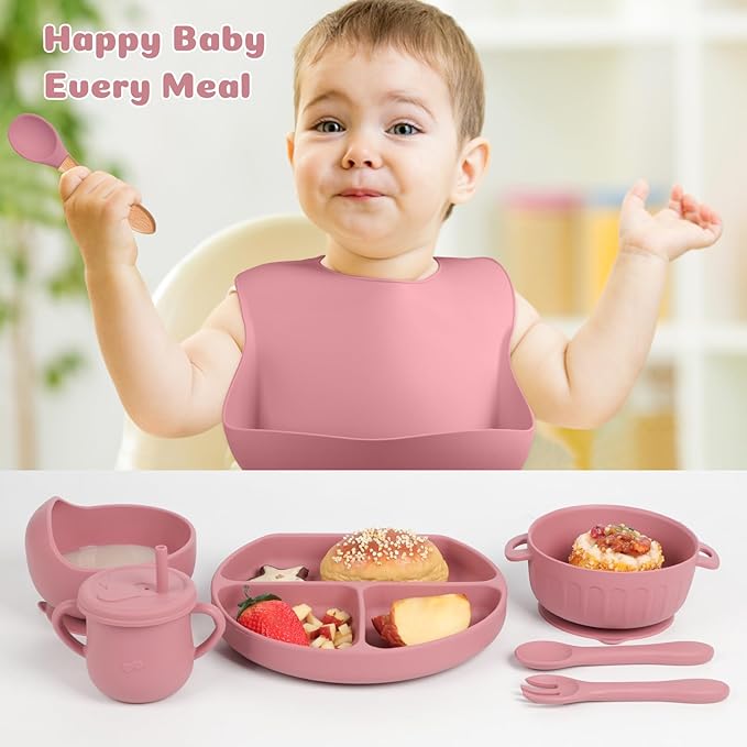 Silicone Baby Feeding Set 15 Pcs，Baby Spoons Suction Bowl Divided Plate Bib Cup Finger Brush ，Baby Led Weaning Supplies,Baby & Toddler Silicone Plates and Bowls Dining Set（pink）