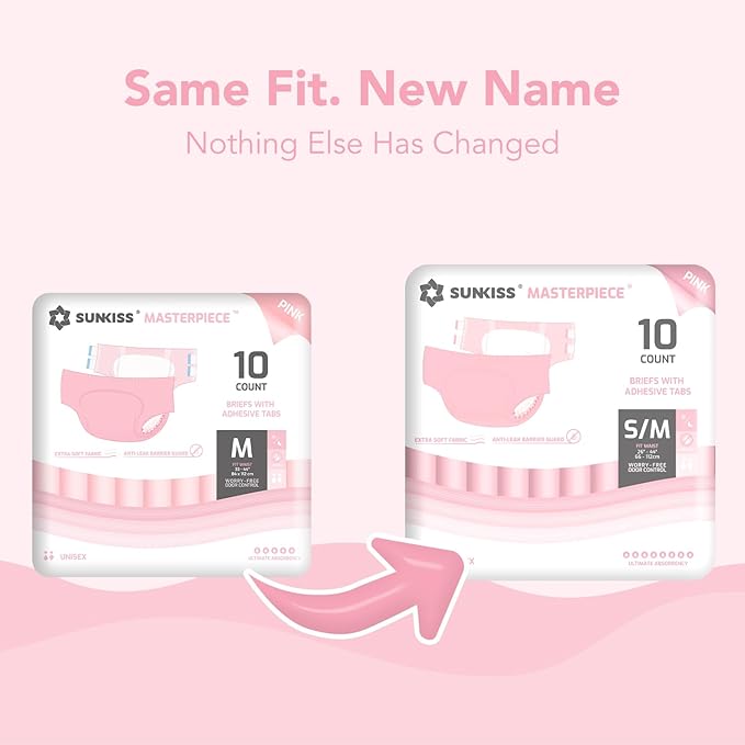SUNKISS Masterpiece Adult Diapers with Tabs, Unisex Disposable Incontinence Briefs for Women and Men, Odor Control, Pink, Small/Medium, Previously M, 40 Count (4 Packs of 10)