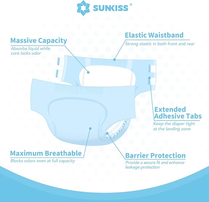 SUNKISS Masterpiece Adult Diapers with Tabs, Unisex Disposable Incontinence Briefs for Women and Men, Odor Control, Blue, S/M, 40 Count (4 Packs of 10)