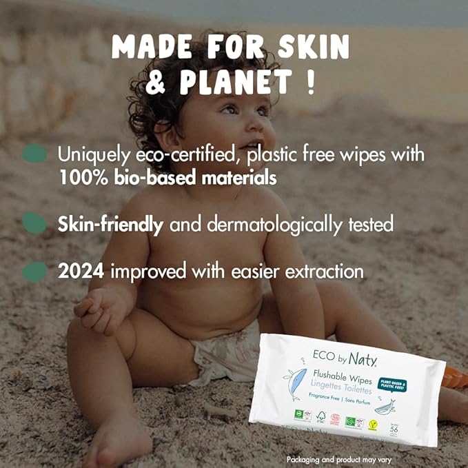 Naty Flushable Toddler & Baby Wet Wipes | Plant-Based, Water-Based for Sensitive Skin | Natural & Unscented Potty Training Wipes | Water-Degradable, Plastic-Free, Fragrance-Free | 672 Count (12 Packs)