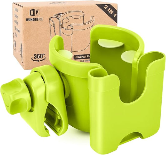 Universal Stroller Cup Holder with Mobile Phone Case, 2-in-1 Strollers Storage Rack, 360 Degrees Rotation Drink Holder for Bike, Pushchair, Wheelchair, Walker,Bicycle, Fits Most Cups (Green)