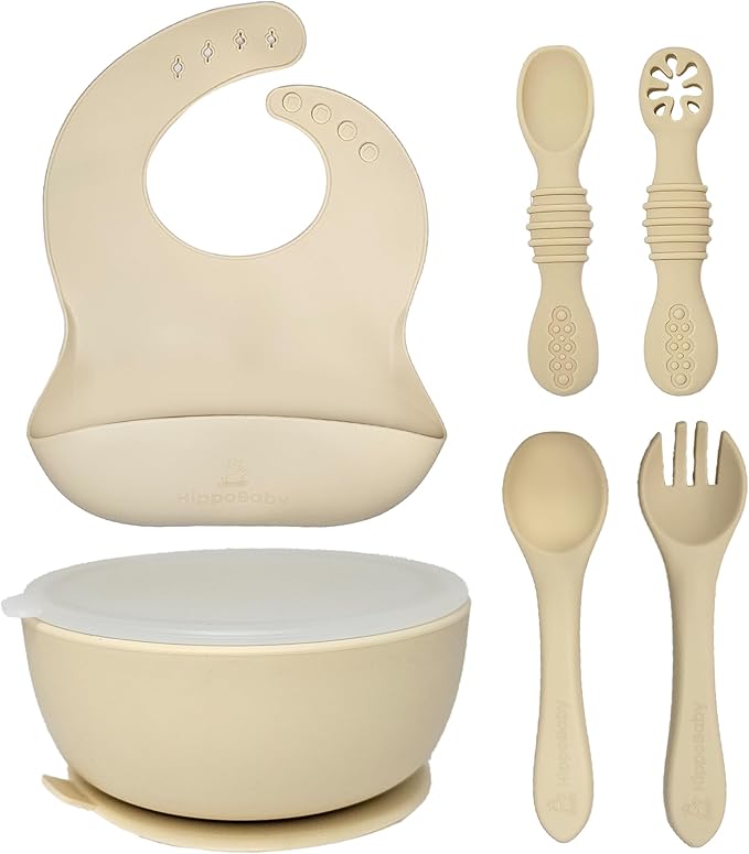 6 Piece Baby Bowls With Suction and Lids | Toddler Bowl Set with 1 Bowl, 1 Bib, 2 Baby Spoons, 1 Large Spoon, 1 Large Fork, Baby Feeding Essentials (1, Cream)