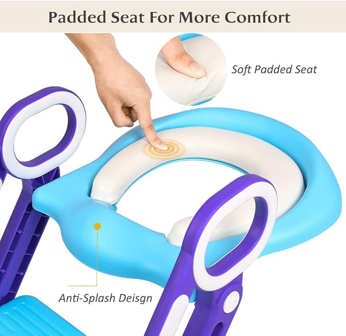 Potty Training Toilet Seat with Step Stool Ladder for Kids and Toddlers Adjustable Toilet Training Seat with Soft Not-Cold Padded Seat Safe Handles and Non-Slip Wide Steps, Purple and Blue