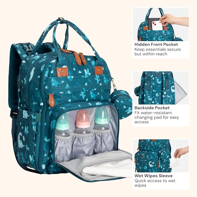 BabbleRoo Diaper Bag Backpack - Baby Essentials Travel Tote - Multi Function Water Resistant Diaper Bag, Travel Essentials Baby Bag with Changing Pad, Stroller Straps & Pacifier Case - Unisex, Dino