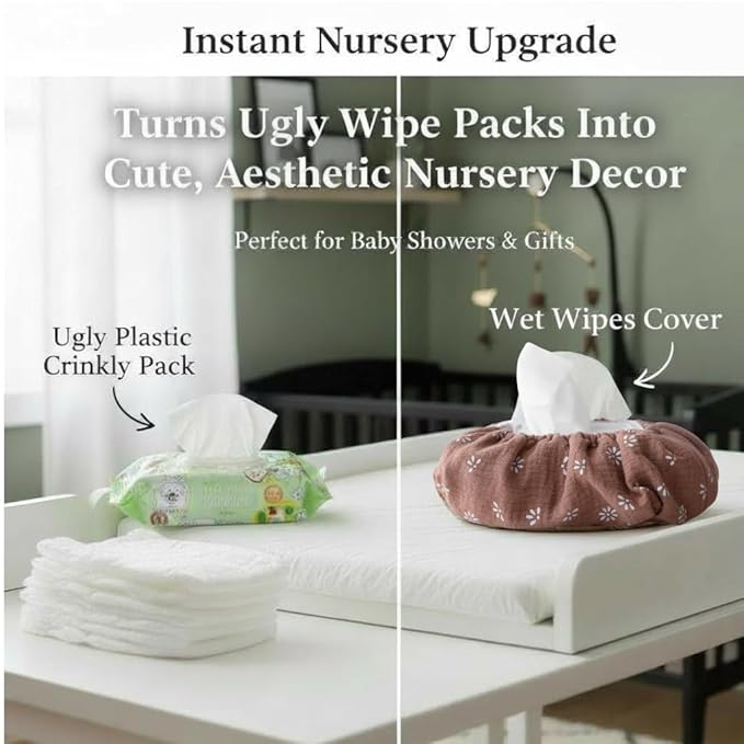 Baby Wipes Cover – Universal Size, One Size Fits All Wipes Packages | Muslin Cotton Tissue Cover for Nursery, Diaper Bag & Changing Table, Station | Gingham & Neutral Patterns (Caramel Daisy)