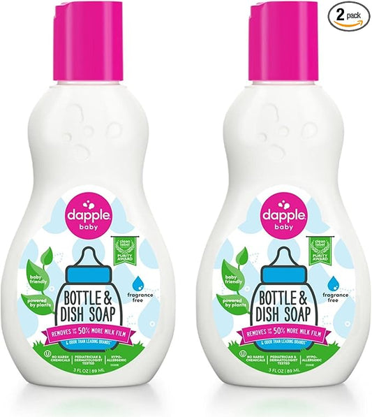 Dapple Baby Bottle Soap, Hypoallergenic Dish Soap for Baby Bottles, Powered by Plants, Travel Size, Fragrance Free, 3 Fl Oz (Pack of 2)