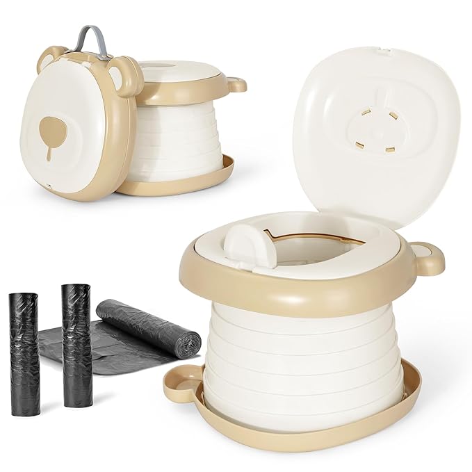 Orzbow Portable Travel Potty Seat for Toddlers with Splash Guard, Foldable Potty Training Toilet for Boys & Girls, On The Go Kids Car Potty, Includes Free Travel Bag and Disposable Potty Liners, Khaki