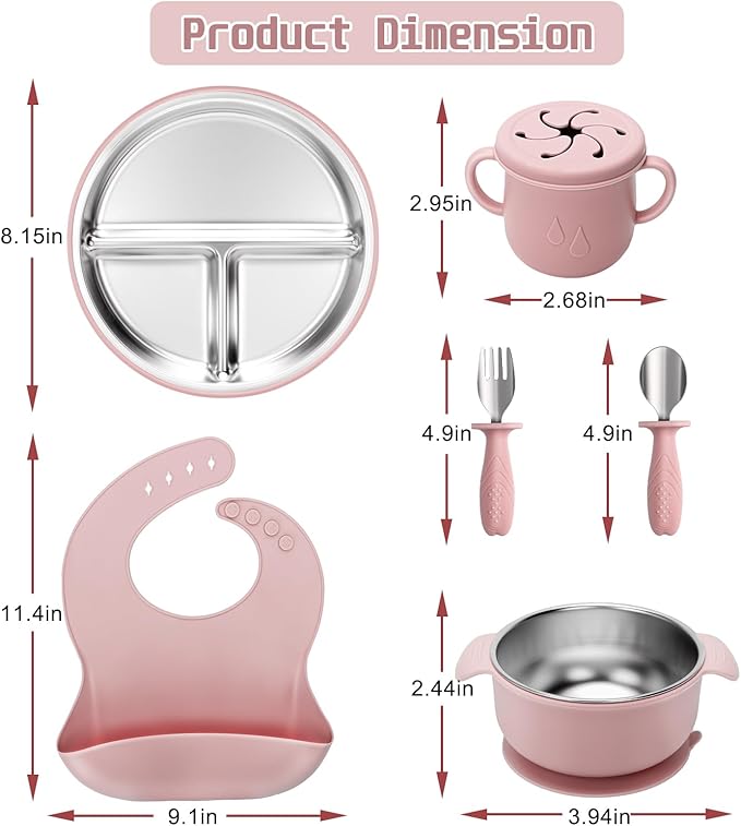 Stainless Steel Kids Plates and Bowls Set with Suction, Divided Baby Plate and Toddler Bowl with Removable Silicone Suction,Stainless Steel Weaning Bundle, Silicone Baby Feeding Set (Pink)