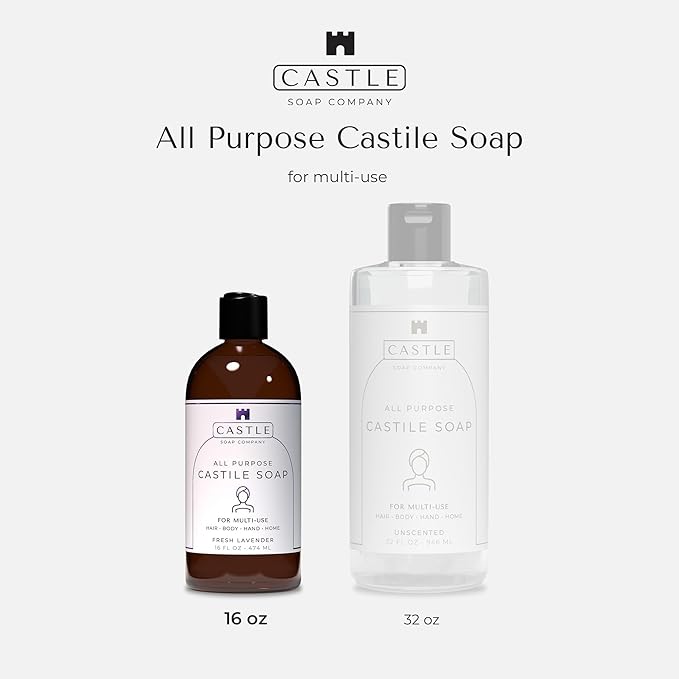 Castle Soap All-Purpose Castile Soap | Multi-Use Gentle Cleanser for Hair, Body, Hands, & Home | Nourishing Coconut Oil Formula | Sensitive Skin Friendly | Hydrating | 16 oz | Fresh Lavender