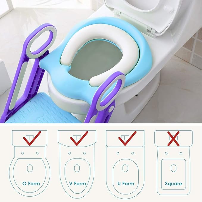 Potty Training Toilet Seat with Step Stool Ladder for Kids and Toddlers Adjustable Toilet Training Seat with Soft Not-Cold Padded Seat Safe Handles and Non-Slip Wide Steps, Purple and Blue