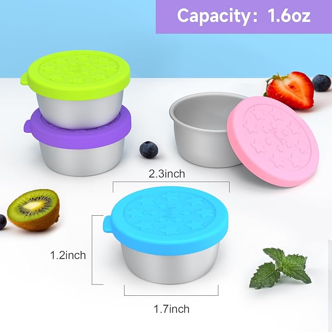 Stainless Steel Condiment Containers with Leakproof Food-grade Silicone Lids, Portion Bento Box and Mini Sauce Container of Kids Lunch to Go for Snack, Dessert, Souffle, Salad Dressing (MIX, 6 Pack)