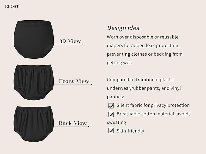 Adult Diaper Cover for Incontinence Noiseless Leak-Protection Underwear Plastic Pants Over Diapers Waterproof Rubber Pants (Black, XXS)