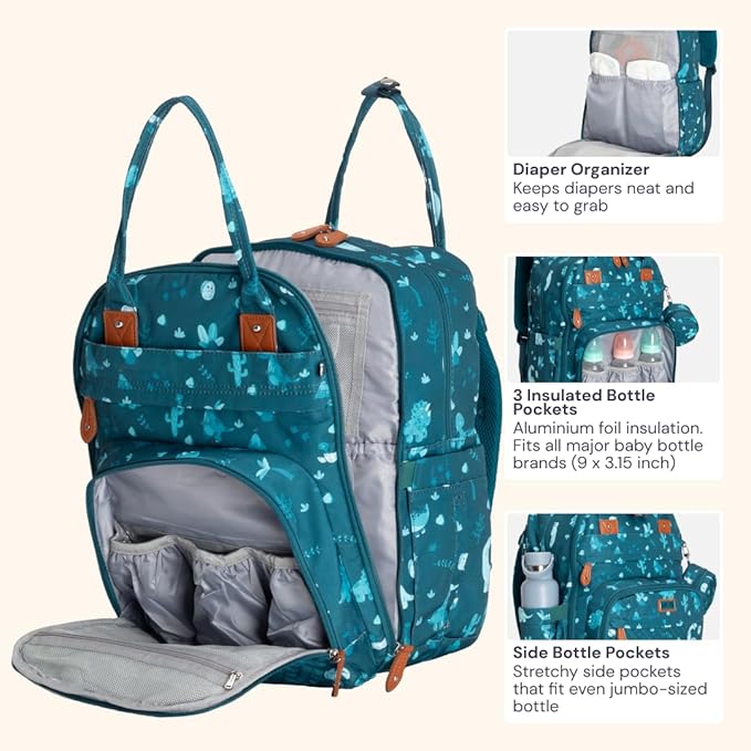 BabbleRoo Diaper Bag Backpack - Baby Essentials Travel Tote - Multi Function Water Resistant Diaper Bag, Travel Essentials Baby Bag with Changing Pad, Stroller Straps & Pacifier Case - Unisex, Dino