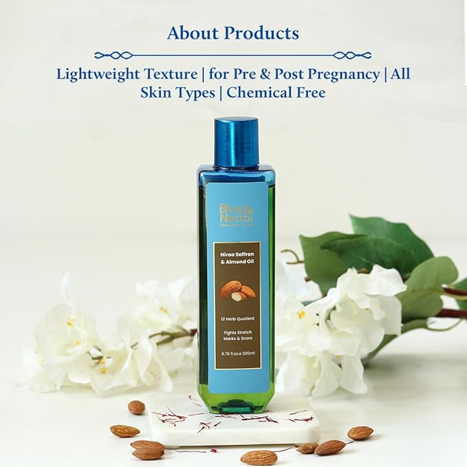 Blue Nectar Saffron & Almond Oil, Ayurveda Product for Crepey Skin | Skin Firming Body Oil for Stretch Marks (12 Herbs, 6.76 Fl Oz)