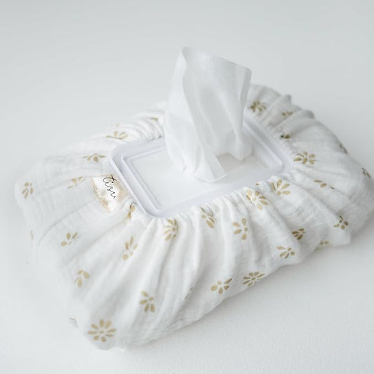 Baby Wipes Cover – Universal Size, One Size Fits All Wipes Packages | Muslin Cotton Tissue Cover for Nursery, Diaper Bag & Changing Table, Station | Gingham & Neutral Patterns (Cream Daisy)