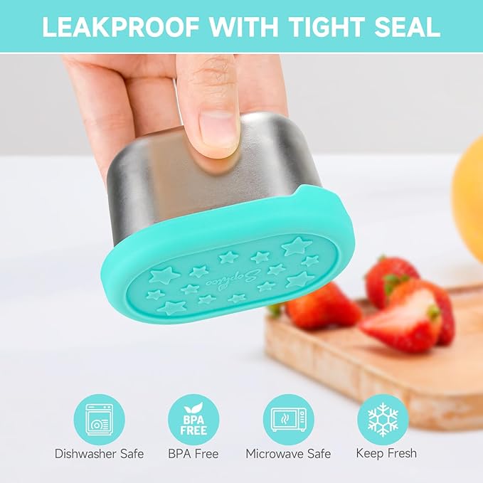 SOPHICO Stainless Steel Salad Dressing Condiment Containers with Leakproof Silicone Lids, 3 oz Mini Sauce Container and Portion Bento Box of Kids Lunch to Go for Snack, Dessert (MIX, 4 PACK)