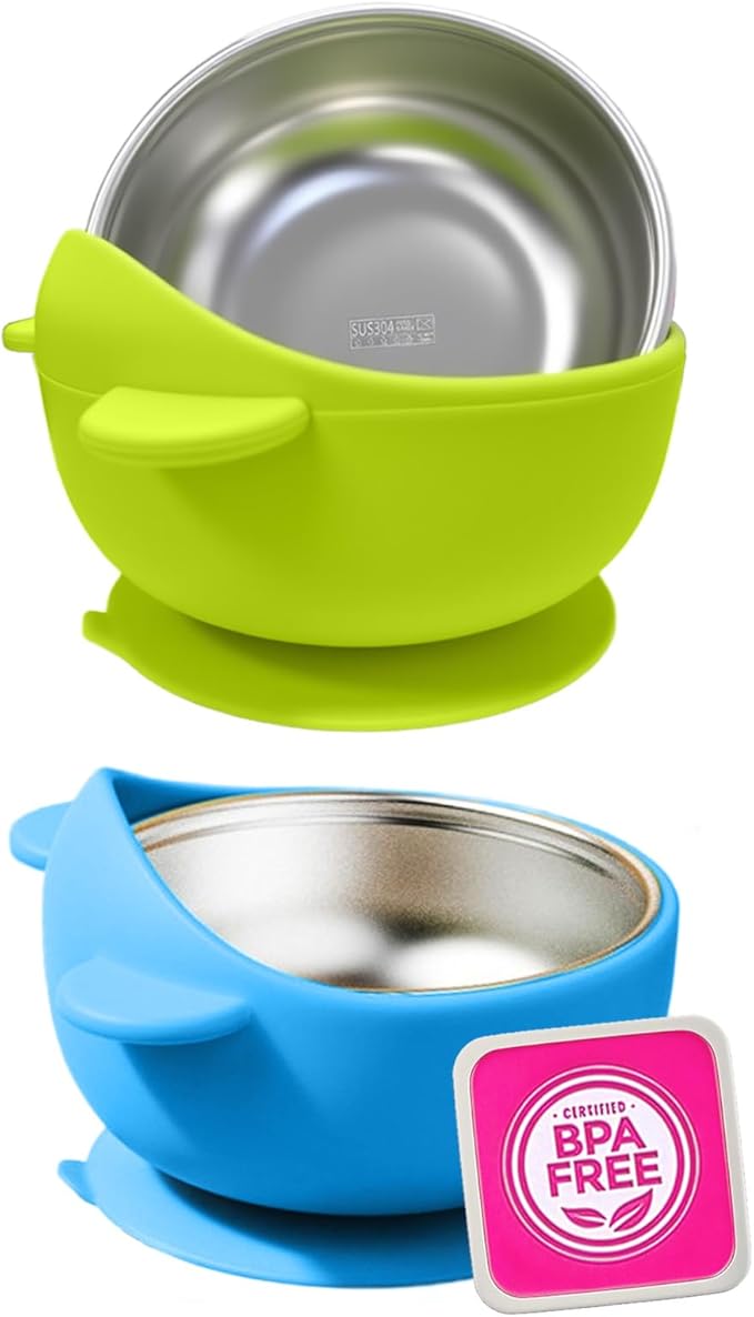 Stainless Steel Baby Bowls with Suction, 2-in-1 Toddler Feeding Set SUS304 Non-Toxic | Unbreakable & Anti-Scald | Super Strong Suction Base | Dishwasher Safe | Perfect Baby Gift - 2Pack 28.9