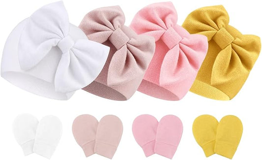 Newborn Baby Hats and Mittens Set Infant Bow Beanie Cap Toddler Gloves Newborn Hospital Hats for Baby Boy Girl 0-6 Months