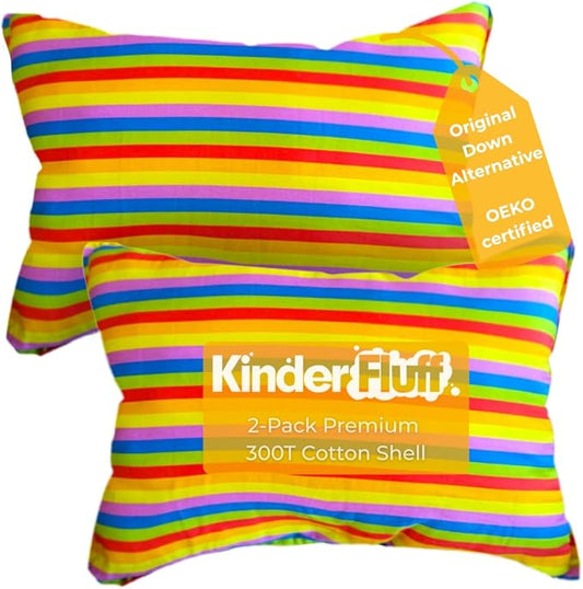 kinder Fluff Kids Pillow (2-Pack) 16x24in - Youth Pillows for Kids Age 7+, 100% Cotton Sateen Stripes 300T, Down Alternative Fill, Machine Washable - Children, Decor & Travel Cushion - Rainbow - L
