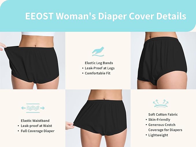 Women's Plastic Pants for Adult Diapers Incontinence Waterproof Cloth Diaper Cover Leakproof Rubber Underwear Alternative (Black, S)