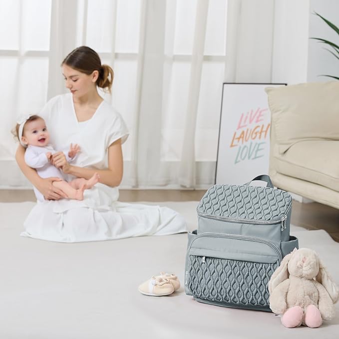 Baby Diaper Bag, Multi-Function Baby Bag for Mom Dad, Diaper Backpack with Changing Pad Stylish Pañaleras para Bebe Stroller Straps, Newborn Baby Essentials Must Haves for Women Grey Green