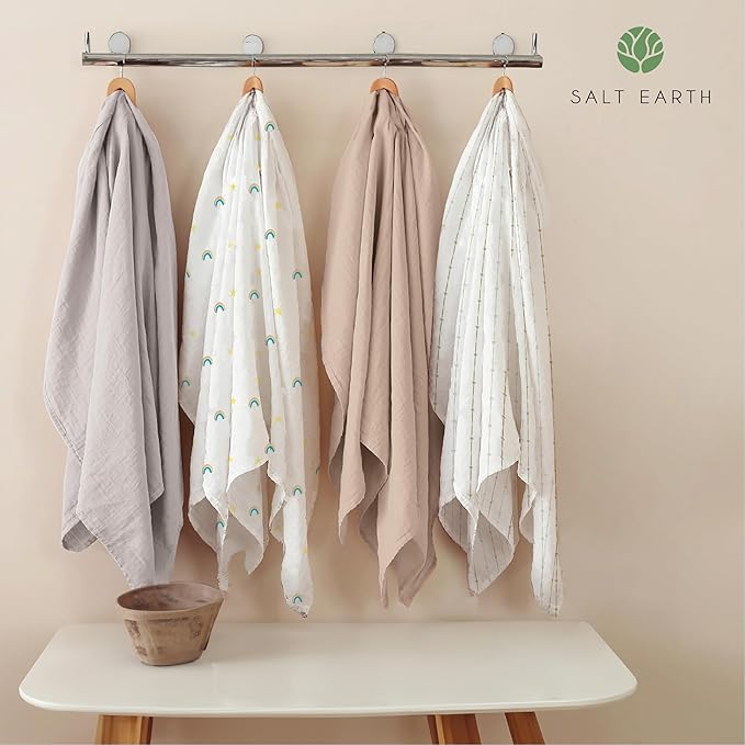 Salt Earth GOTS Certified 100% Organic Cotton 2-Layered Swaddle Baby Blanket, 4 Pack, 47"x47" Receiving Blankets for Swaddling, Wrap for Boy & Girl, Newborn Baby Essentials, Registry(Solids & Rainbow)