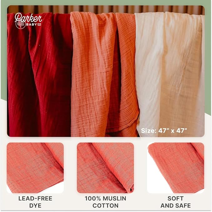 Parker Baby Co. Muslin Swaddle Blankets - Pack of 3 of 100% Cotton for Baby Girls - Rose Set
