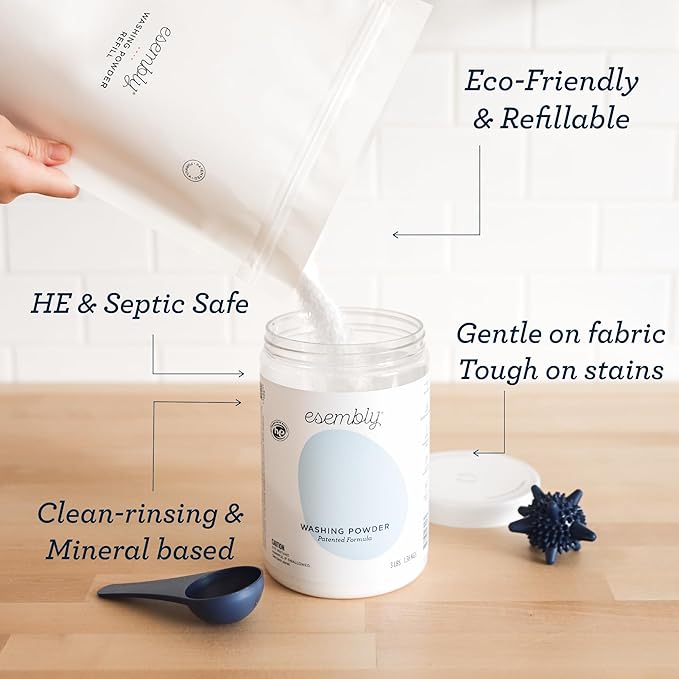 Esembly Laundry Washing Powder – HE Mineral Based Detergent for All Household Laundry and Cloth Diapers – Patented, Fragrance-Free, EWG Verified, Earth-Friendly, (3lb Refillable Canister and Scoop)