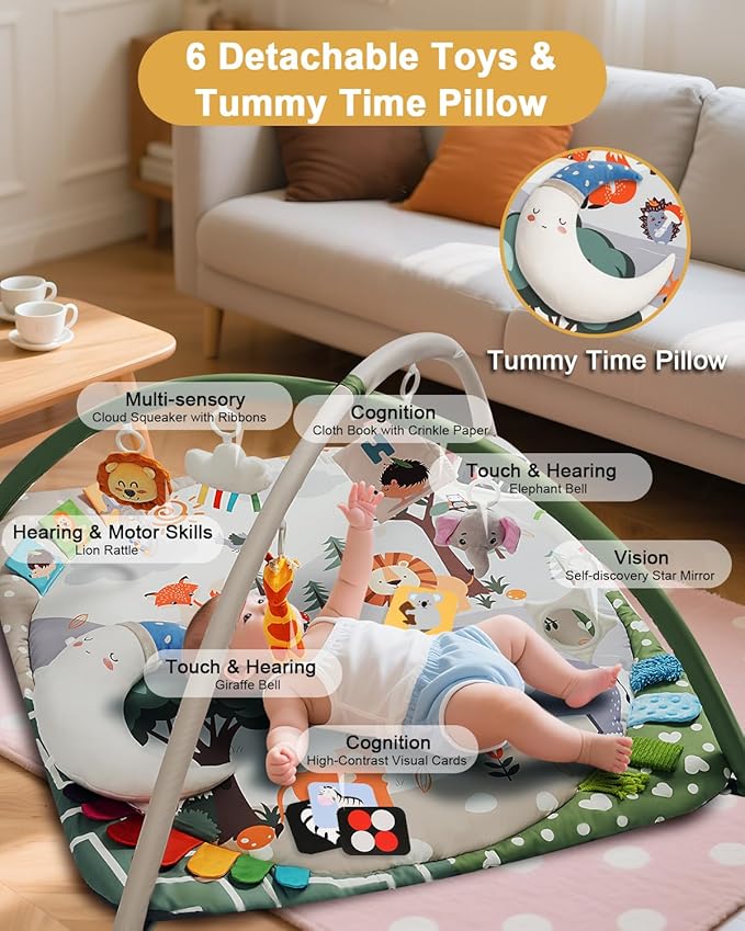 Baby Play Gym with 4 Developmental Zones – Tummy Time Mat & Activity Mat with 6 Sensory Toys, Visual Cards & Pillow – Baby Essentials & Ideal Gift for Newborns
