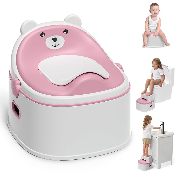 3-in-1 Potty Training Toilet, Portable Potty, Potty Training Seat and Toddler Step Stool, Easy Setup and Clean, Anti-Slip Toddler Potty Trainer for Boy Girl,Pink