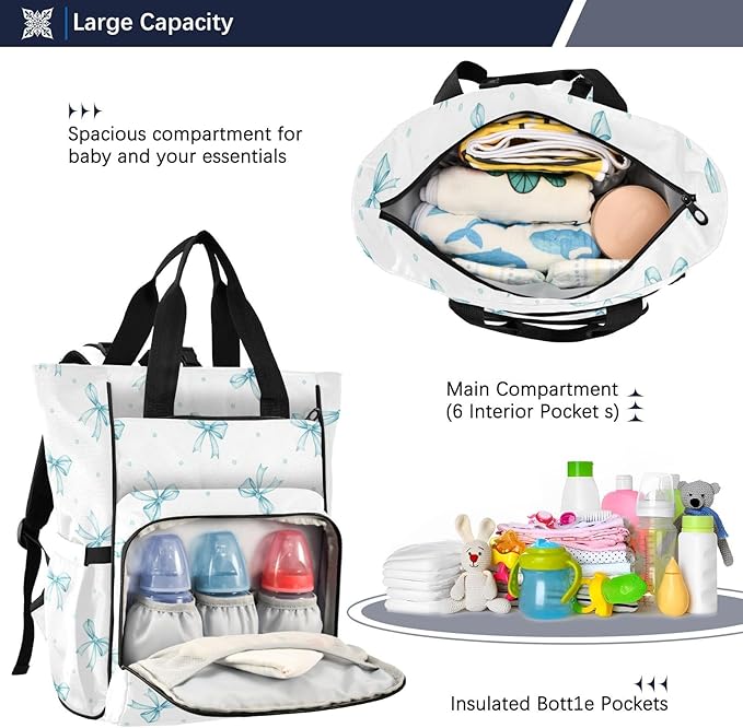 Emelivor Delicate Bow Dot Diaper Bag Backpack Large Capacity Travel Baby Bags Backpack Diaper Bags for Boy Girl Mama Travel Mom Dad