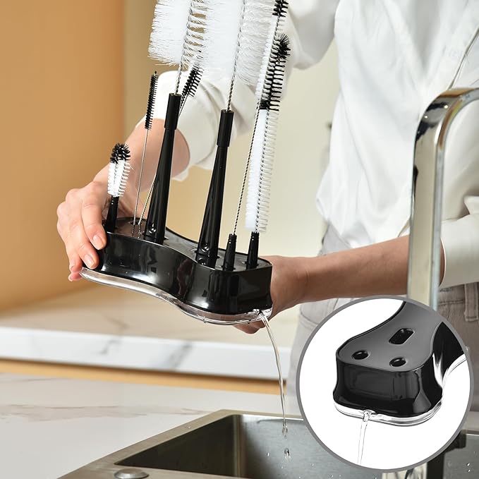 ALINK 8 Pack Black Bottle Brush Cleaning Set with Stand, Long Handle Bottle Cleaner with Holder for Narrow Neck Beer Wine Brewing Bottles, Stanley Water Bottles, Baby Bottles, Tumblers, Carafe, Straws