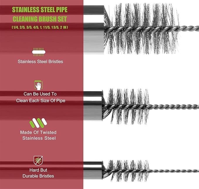 Pipe Cleaning Brush Set Stainless Steel Bristles, Stainless Steel Pipe Brush Steel Bottle Brush 9 Piece Variety Pack for Auto Parts, Bottles, Tubes, Etc.