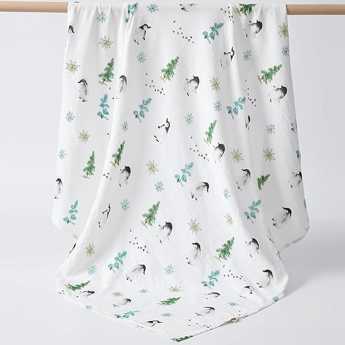 Muslin Swaddle Blankets for Boys & Girls, Receiving Baby Blanket for Newborns, Large 47 x 47 Inches, Soft Breathable Baby Swaddles, Fox & Penguin