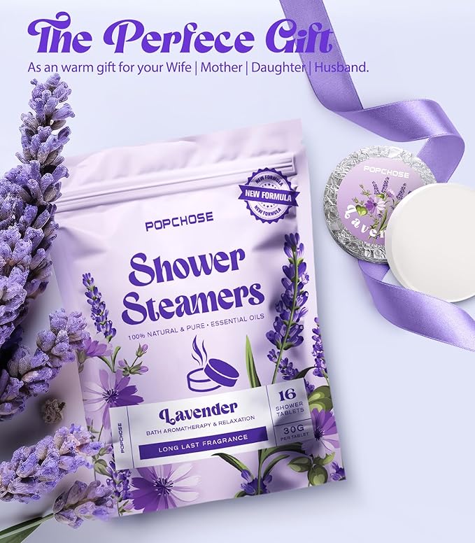 POPCHOSE Shower Steamers Aromatherapy - 16 Pack Lavender Essential Oils Shower Tablets, Self Care Relaxation & Home SPA, Quick Relief Nasal Congestion, Birthday Gifts for Women, Men, Dad, Daughter