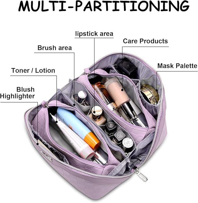 BOYATU Travel Makeup Bag Organizer Cosmetic Bag: 3 Pcs Set Make up Bags for Women with Handle - Waterproof Vegan Leather Toiletry Bags Travel Essentials Pouch with Compartments (G-14-Purple)