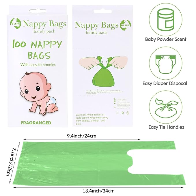 Honoson 1200 Count Baby Disposable Diaper Bags Scented Diaper Sacks with Tie Handle Disposal Baby Poop Trash Bags Waste Sacks Refill(Green)