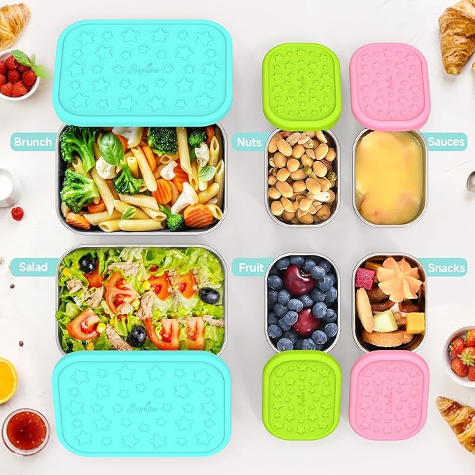 SOPHICO Stainless Steel 24 OZ Snack Containers for Kids，Food Storage Container with Silicone Lid - Perfect 304 Metal Toddler Lunch Box for Daycare and School, Leak Proof(Mint)