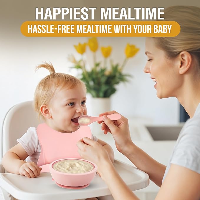 6 Piece Baby Bowls With Suction and Lids | Toddler Bowl Set with 1 Bowl, 1 Bib, 2 Baby Spoons, 1 Large Spoon, 1 Large Fork, Baby Feeding Essentials (1, Cream)