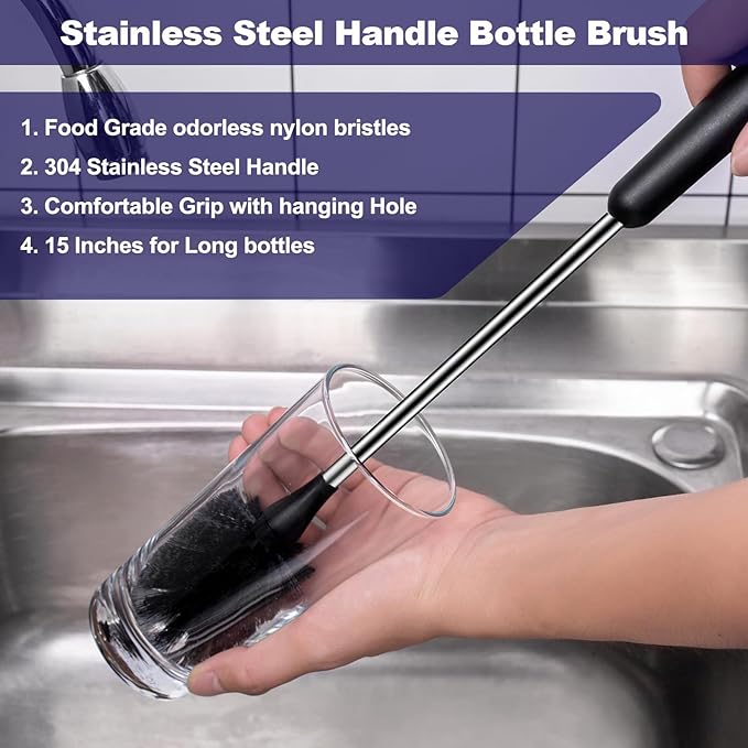 [2 Pack] Water Bottle Brushes, Stainless Steel Long Handle Baby Bottle Scrub Cleaning Brush for Sports Bottles, Cups, Dishes, Coffee Mugs, Glasswares, Tumblers, Wine Decanters