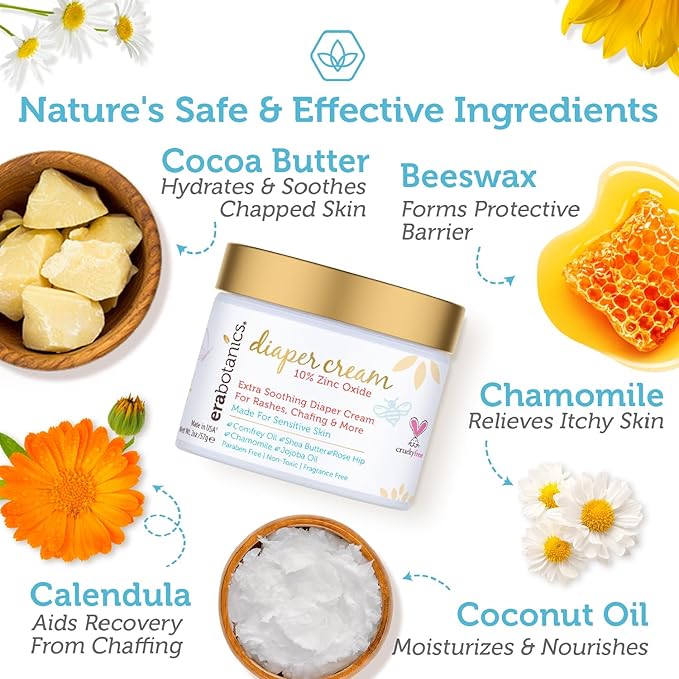 Era Organics Diaper Rash Cream For Baby - Extra Soothing and Moisturizing with Zinc Oxide, Organic Aloe Vera, Chamomile, Calendula Plus More - Gentle Butt Rash Moisturizer