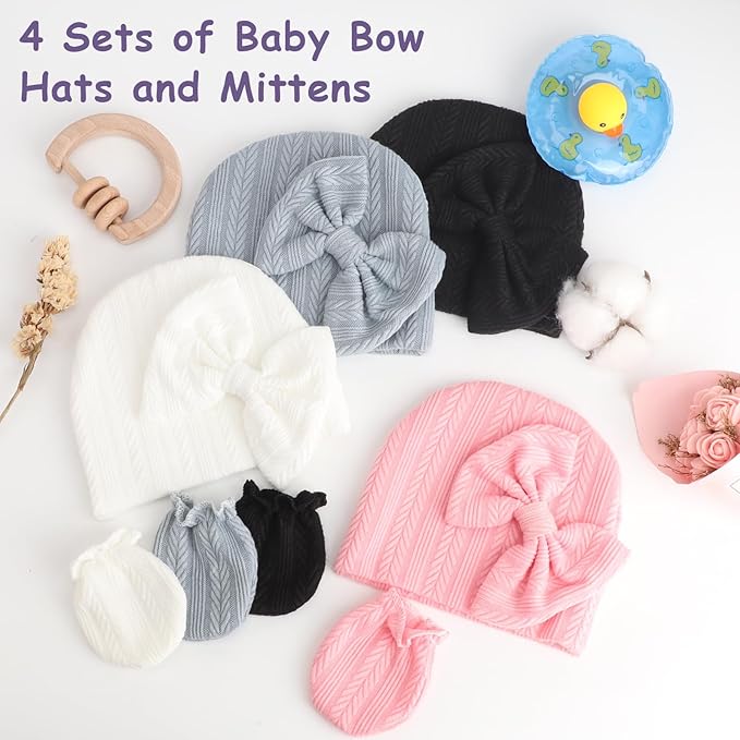 Newborn Baby Hats and Mittens Set Infant Bow Beanie Cap Toddler Gloves Newborn Hospital Hats for Baby Boy Girl 0-6 Months