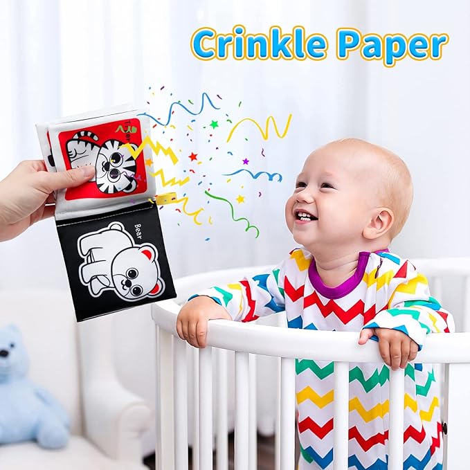 OKOOKO 12PCS Soft Baby Books Black and White High Contrast Soft Cloth Bath Books Crinkle Washable Non-Toxic Early Education Preschool Learning Toy for Newborns Babies Infants Toddlers Kids