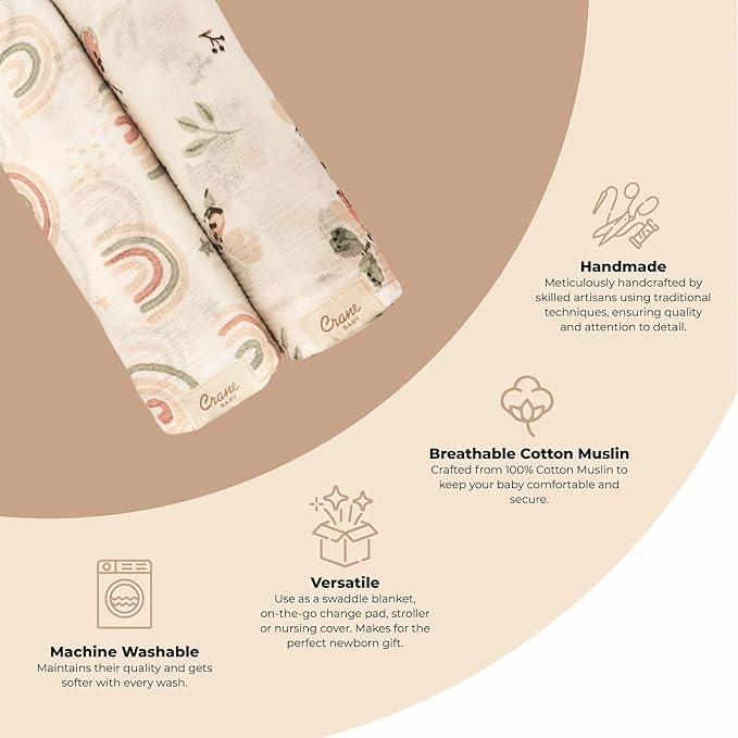 Crane Baby 100% Cotton Muslin Swaddle Blankets, Butterfly/Rainbow, Baby Swaddle Blanket, Set of 2, 47" x 47", Swaddles for Newborns, Baby Muslin Swaddle Blanket, Swaddle Blankets for Boys & Girls