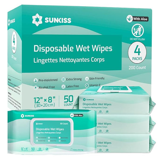 SUNKISS Trustplus Wet Wipes for Adult No Rinse, Extra Large 8”x12” Body Cleaning Washcloths for Elderly Incontinence & Cleansing, Unscented, 200 Count (4 Packs of 50)