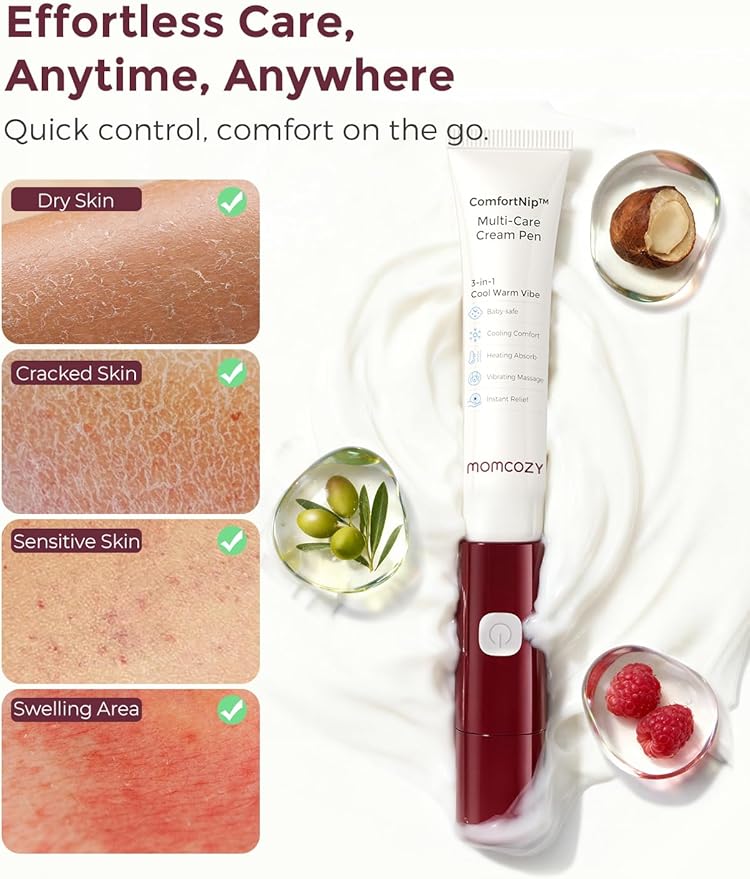 Momcozy ComfortNip™ 3-in-1 Heat/Cool/Vibe Nipple Cream Pen| Touch-Free 316 Steel Head, Botanical Breastfeeding Cream, Rechargeable Portable Christmas Gift for Nipple Pain Relief