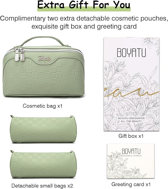 BOYATU Travel Makeup Bag Organizer Cosmetic Bag: 3 Pcs Set Make up Bags for Women with Handle - Waterproof Vegan Leather Toiletry Bags Travel Essentials Pouch with Compartments (G-12-Green)