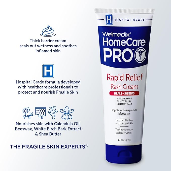 Welmedix HomeCare PRO Rapid Relief Adult Diaper Rash Cream – Extra Thick, Moisturizing Barrier Cream for Incontinence and Healing/Zinc Oxide (4oz Tube)